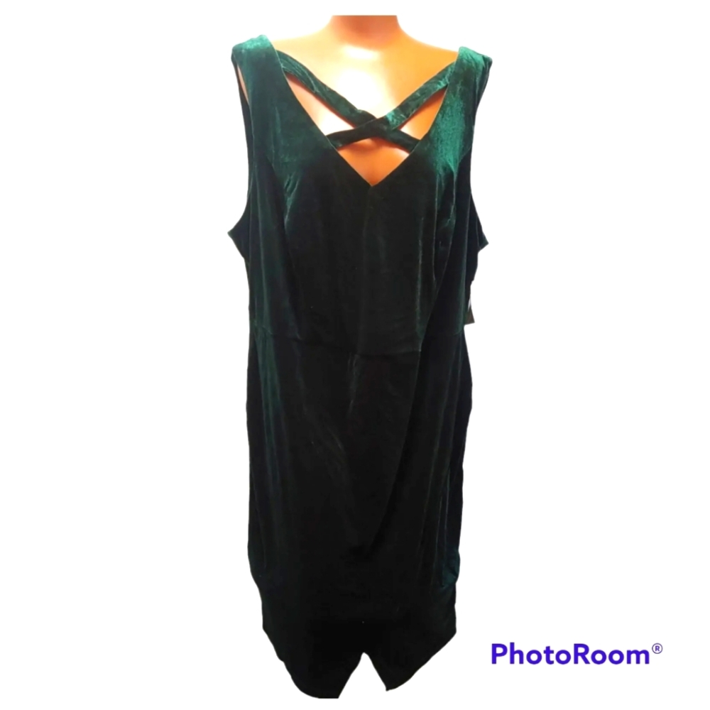 Rebecca B Velour Mini Dress 20W Fairy Witchy Criss Cross Stretchy Jeweled Green